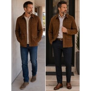 Tasso Elba Men's Brown Suede Leather Jacket Medium Button Front Paisley Lined